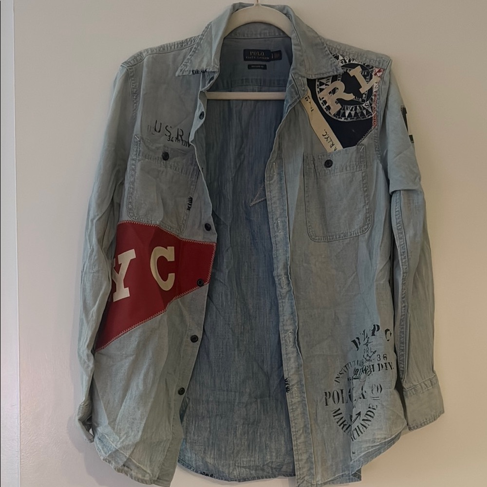Ralph Lauren Light Blue Denim Shirt with Red and Black Patches